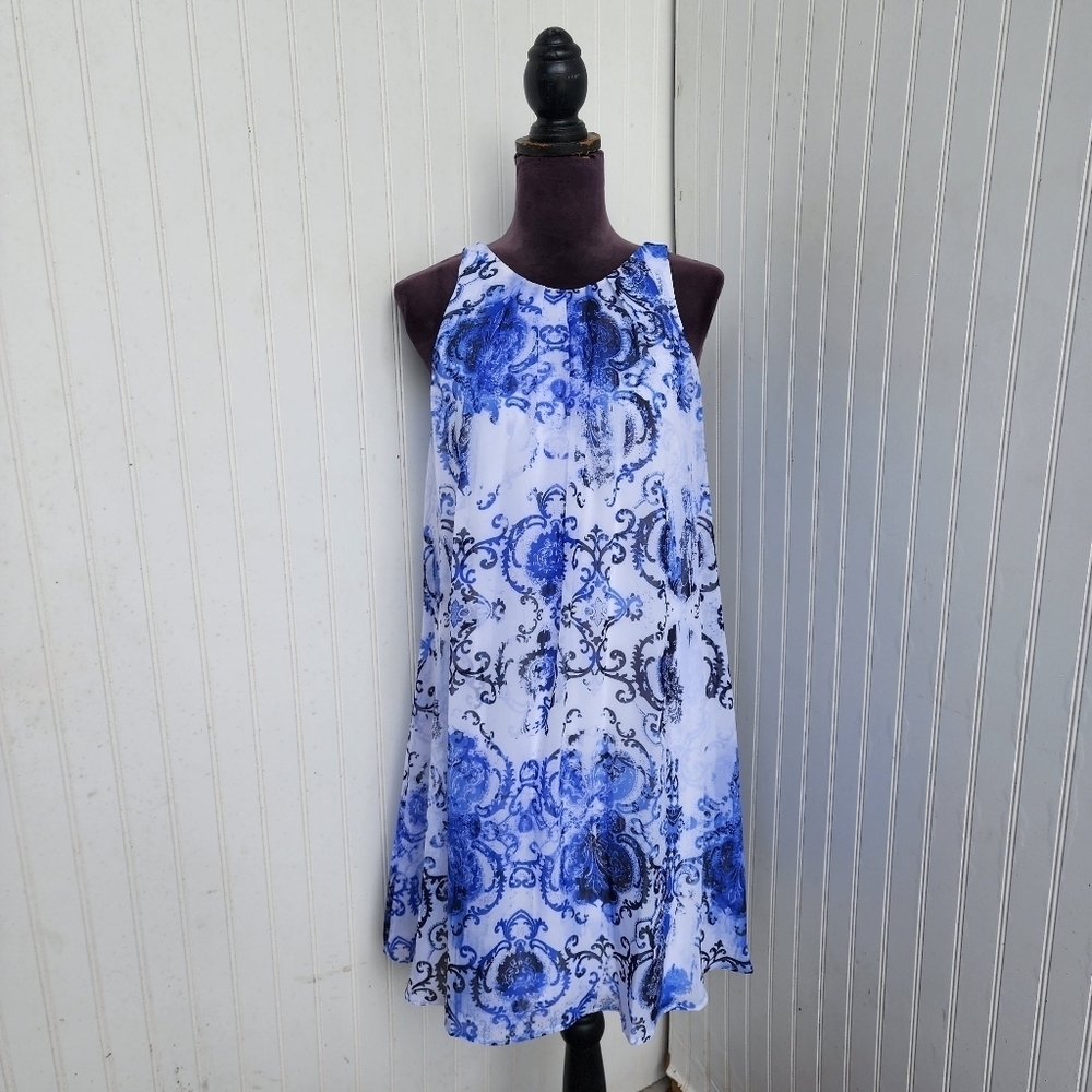 Alfani Women's Dresses Sleeveless  Sheer  Lined White Blue Overlay Keyhole Sz 6